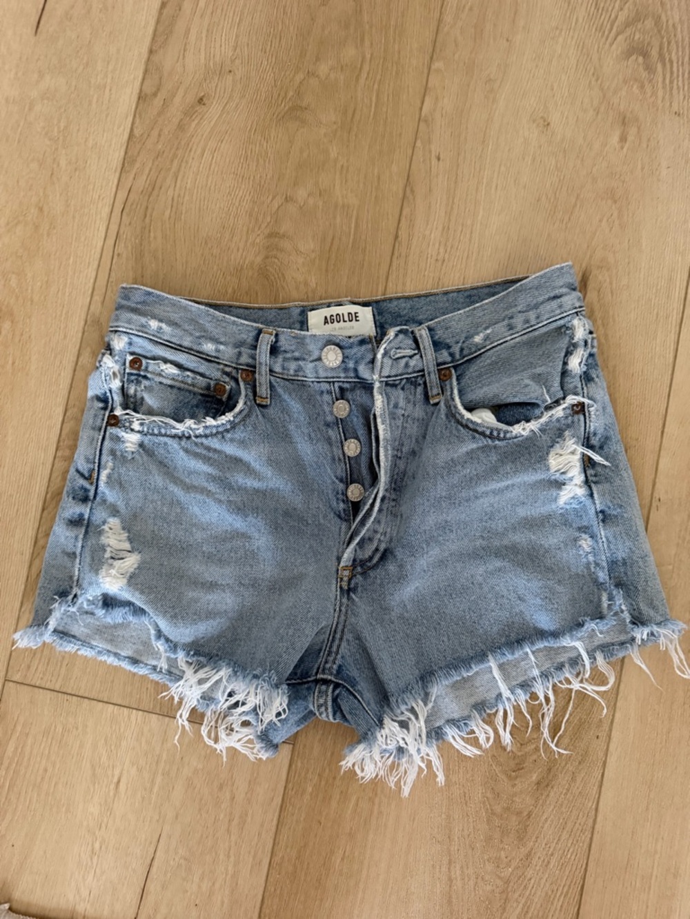Agolde Distressed Light Blue High-Rise Denim Shorts